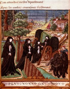 Esitys Navarran kuningattaresta Margarita Angoulemasta (1492-1549), jota ympäröivät hänen toverinsa naiset, jotka lähtevät vaunuihin kävelylle"" Sivu otettu Margaret of Angouleman käsikirjoituksesta "" La coche ou Debat d