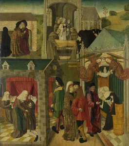 Pyhä Elizabeth Unkarista hoitamassa sairaita Marburgissa, Pyhän Elisabetin kuolema, Dordrechtin Grote Kerkiin tehdyn alttaritaulun oikea sisäsiipi tekijältä Master of the St Elizabeth Panels