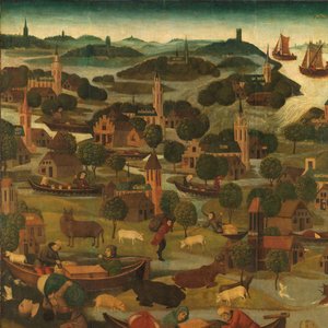 Pyhän Elisabetin päivän tulva Alttaritaulun oikean siiven ulkopuoli, joka kuvaa Pyhän Elisabetin tulvaa 18.-19.11.1421 ja esittää Wieldrechtin padon murtumaa tekijältä Master of the St Elizabeth Panels