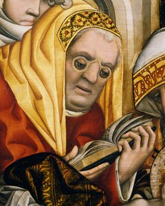 Pappi silmälasit, yksityiskohta Kristuksen ympärileikkauksesta tekijältä Master of the Tucher Altarpiece