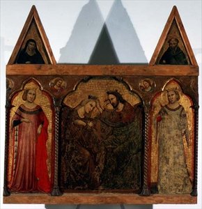 Triptyykki: Neitsyen kruunaus kahden pyhän rinnalla (tempera paneelissa) tekijältä Master of the Urbino Coronation
