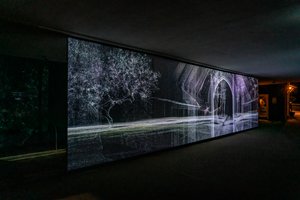 Echolocation, 2021 (3-kanavainen videoprojektio polypropeeniverkolle) tekijältä Mat Collishaw