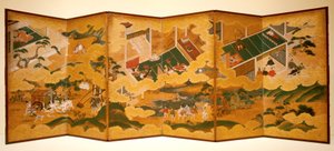 Tales Of Genji, n. 1650 (muste, väri ja lehtikulta paperille, kuusinkertainen näyttö) tekijältä Matabei Iwasa