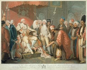 Hänen Majesteettinsa ja valtion upseerit vastaanottamassa Turkin suurlähettilään ja pukua, kaiverrus Daniel Orme (1767-s.1832), pub. kirjoittanut Edward Orme, 1797 (pistekaiverrus) tekijältä Mather Brown