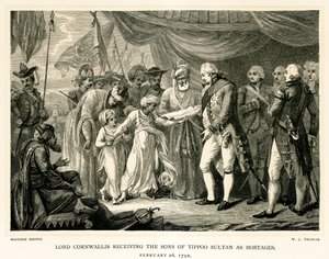 Lordi Cornwallis vastaanottaa Tippoo Sultanin pojat panttivangeiksi tekijältä Mather Brown