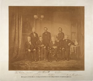 Virkasyytteen edustajainhuoneen johtajat, 1868 (seepiakuva)