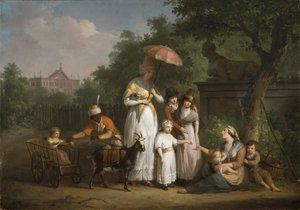 Aatelisperhe jakaa almuja puistossa – Bree, Mathieu Ignace van (1773-1839) Aatelistoperhe, joka jakaa almuja puistossa. öljy puulle