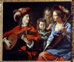 Konsertti Ryhmä barokkimusiikin muusikoita. Mathieu Le Nainin (Lenain) maalaus (1607-1677) 1600-luvun Laon, Musee des Beaux Arts