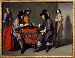 Tric tracin pelaajat (Trictrac tai Trictrac: backgammonin esi-isä). Öljy kankaalle. Mathieu Le Dwarfin (Lenain) maalaus (1607-1677)