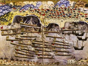 Barbarossan laivasto talvehtimassa ranskalaisessa Toulonin satamassa, 1543, 1500-luvun puoliväli tekijältä Matrakci Nasuh