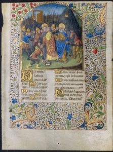 Lehti tuntikirjasta: Kristuksen pettäminen, n. 1470-1485.