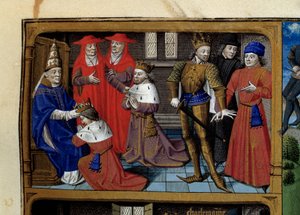 Kohtauksia frangien kuninkaan Kaarle Suuren (742-814) elämästä: paavi Leon III:n kruunaus. Pienoiskuva Vincent de Beauvais