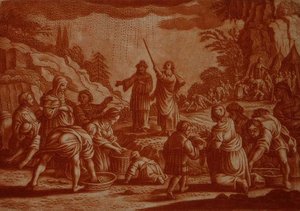 Israelilaiset keräämässä mannaa, kuvitus Raamatusta, kaiverrus Gabriel Bodeneer (1673-1766) (seepiakaiverrus) tekijältä Mattaus II (after) Merian