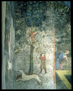 Metsästyskoiria ja puuhun kiipeileviä miehiä, yksityiskohta koristeellisesta kuviosta La Chambre du Cerf Stag Room 1347 -freskosta.