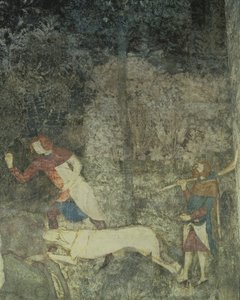 Miehet metsästävät koirien kanssa, yksityiskohta koristeellisesta kaaviosta La Chambre du Cerf Stag Room 1347 -freskosta.