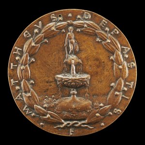 Suihkulähde alaston mieshahmon yllänä [kääntöpuoli], n. 1446.