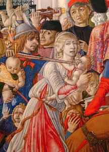 Viattomien joukkomurha, yksityiskohta, jossa sotilas lävistää vauvan miekallaan, 1482, tempera taululle, yksityiskohta kuvasta 106233.
