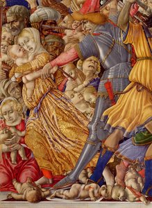 Viattomien verilöyly, yksityiskohta sotilaasta, joka valmistautuu puukottamaan lasta ja ympäröivästä verilöylystä, 1482, tempera taululle, yksityiskohta kuvasta 106233.