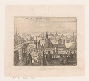 Kasvot Pariisissa Le Palais et le louvre a Paris (otsikko esineessä) Seitsemän ranskalaista maisemaa ja kaupunkimaisemaa (sarjan nimi) tekijältä Matthäus Merian (I)