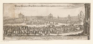 Catherine of Bragançan lähtö Englantiin 20. huhtikuuta 1662 Prächtiger Durchzug der Königin Catharina von Gross Britanien, syntynyt Lissabonassa 20. huhtikuuta Ao. 1662 (otsikko esineessä) Katariina Bragançalainen ja Englannin kuningas Kaarlen avioliitto tekijältä Matthäus Merian (II)