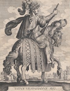 Levy 10: Keisari Titus hevosen selässä, teoksesta "Ensimmäiset kaksitoista roomalaista keisaria" Tempen jälkeen..., 1610-50.