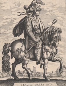 Levy 7: Keisari Galba hevosen selässä, teoksesta "Ensimmäiset kaksitoista roomalaista keisaria" Tempesin jälkeen..., 1610-50. tekijältä Matthaus Merian