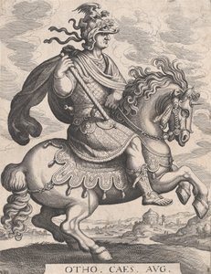 Levy 8: Keisari Otho hevosen selässä, teoksesta "Ensimmäiset kaksitoista roomalaista keisaria", Tempesin jälkeen..., 1610-50. tekijältä Matthaus Merian