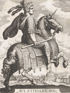 Levy 9: Keisari Vitellius hevosen selässä teoksesta "Ensimmäiset kaksitoista roomalaista keisaria" Te...n jälkeen, 1610-50. tekijältä Matthaus Merian