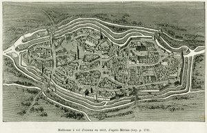 Mulhouse lentää vuonna 1642. Matthaus Merianin (1593-1650) kaiverrus havainnollistamaan tarinaa Alsacen ja Lorrainen kautta, Charles Grad, saksalainen deputer, vuonna 1885, tour du monde 1886, ohjaaja Edouard Charton (1807-1890) , Hachette, Pariisi. tekijältä Matthaus the Elder (after) Merian