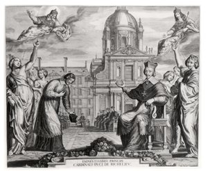 Robert de Sorbon (1201-94) ja kardinaali Richelieu (1575-1642) Sorbonnen edessä, kaiverrus Gregoire Huret (1606-70) 1639