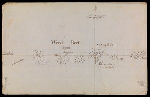 Karkeasti hahmoteltu kartta "Wreck Reef" -riutasta 1803, joka on peräisin amiraliteetin teknisten muistioiden ja kirjeenvaihdon kokoelmasta.
