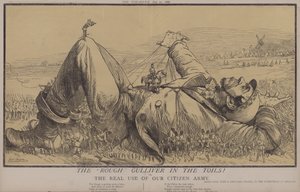 Rough Gulliver in the Toils! tai Kansalaisarmeijamme todellinen käyttö (väri litho) tekijältä Matthew