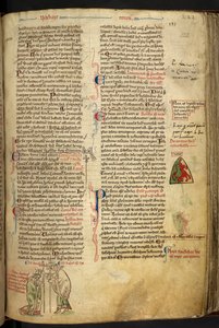 Royal 14 C. VII f.122r Roger Nigel, Lontoon piispa, vihkimässä Edmund of Abingtonin Canterburyn arkkipiispaksi; tekijältä Matthew Paris