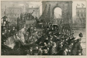 Oxfordin ja Cambridgen venekilpailu: Hammersmith Bridge kilpailupäivänä (kaiverrus) tekijältä Matthew White Ridley