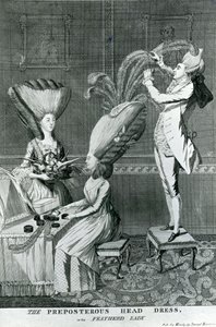 The Preposterous Head Dress, tai höyhenpeitteinen nainen, 1776. tekijältä Matthew or Matthias Darly