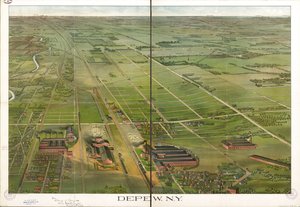 Lintuperspektiivi. Suuntautunut pohjoinen oikealle. LC Panoramic maps (2. painos), 555.1 Saatavilla myös Library of Congress -verkkosivuston kautta rasterikuvana. Musteella merkitty LC-kopio. Leimattu: Compliments Depew Improvement Co.; S. Jay Ohart, asian tekijältä Matthews Northrup Company