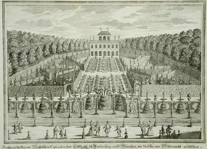Näkymä ruhtinaskunnan asuinpaikasta lähellä Müncheniä, "Erlustierende Augenweide in Vorsetellung Herrliche Garten", kaiverrus Karl Remshard (1678-1735), julkaistu noin 1725 (kaiverrus) tekijältä Matthias (after) Diesel