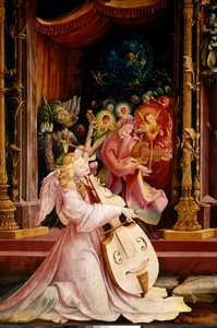 Issenheimin (tai Isenheimin) alttaritaulu: "" La Nativite"" Yksityiskohta Angels-muusikoiden konsertista. Keskellä oleva enkeli soittaa gamba-alttoviulua. Paneelit Mathis Neithardt Gothardt dit Matthias Grunewald (1480-1528) (ec.all.) 1512-1516 Dim. 265x30