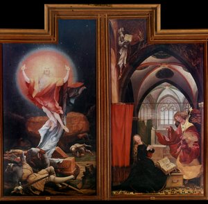 Issenheimin (tai Isenheimin) alttaritaulu: "" Ylösnousemus"" "" Ilmoitus"" Paneelit Mathis Neithardt Gothardt dit Matthias Grunewald (1480-1528) (ec.all.) 1512-1516 Colmar, Musee Unterlinden