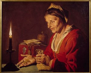 Ahneus - Vanha nainen katselee kynttilän valossa kultarahojaan, jotka hän tuli juuri ulos piilopaikastaan - Mathias Stomer (Matthias Stom) maalaus (1600-1650) Ec Flam