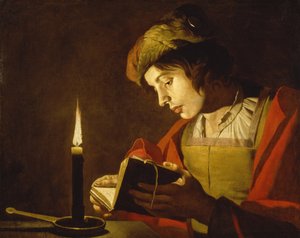 Nuori mies lukee kynttilänvalossa - Nuori mies lukee kynttilänvalossa, kirjoittanut Matthias Stom (Stomer) (n. 1600-1650 jälkeen). Öljy kankaalle, n. 1630. Koko: 58,5 x 73,5 cm. Tukholman kansallismuseo