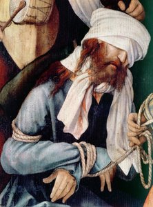 Yksityiskohta Kristuksen pilkkaamisesta öljy kankaalle tekijältä Matthias Grünewald