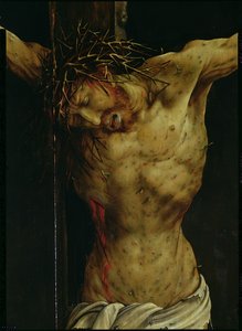 Ristiinnaulitseminen Isenheimin alttaritaulusta, yksityiskohta Kristuksen vartalosta, n.1512-16 öljy paneelille, yksityiskohtia