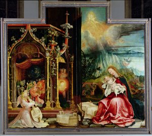 Isenheimin alttaritaulu. Keskuspaneeli: Enkelien ja syntymän konsertti, 1506-1515 tekijältä Matthias Grünewald