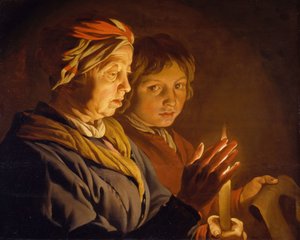 Vanha nainen ja poika kynttilänvalossa, 1630-1650. tekijältä Matthias Stomer