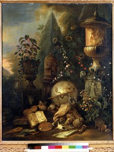 Vanitas, asetelma maljakon kanssa (Vanitas, asetelma maljakon kanssa). Matthias Withoosin (1627-1703) maalaus. Öljy kankaalle, 83 x 67 cm. 1600-luvun hollantilainen taide. Pushkinin taidemuseo, Moskova.