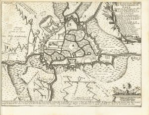 Beleg van Gent, 1708 Kartta Gentin kaupungin ja linnoituksen piirityksestä ja hyökkäyksistä, joita liittoutuneiden armeijat piirittivät 22. joulukuuta 1708 Marlboroughin prinssin ja herttuan johdolla (otsikko esineessä)