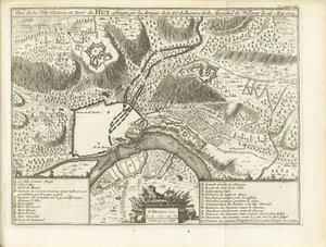 Beleg van Huy, 1705 S.A.E.:n armeijoiden piirittämän kaupungin linnan ja Huyn linnoituksen suunnitelma de Baviere & du Marechal de Villeroy le 26. toukokuuta 1705 (otsikko esineessä)