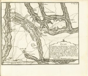 Kuona Ramilliesissa, 1706 S.A.E.:n armeijoiden piirittämän kaupungin linnan ja Huyn linnoituksen suunnitelma de Baviere & du Marechal de Villeroy le 26. toukokuuta 1705 (otsikko esineessä)