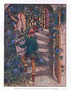 Ermentrude nousi portaita ylös ja poimi ruusuja, kuvitus elokuvasta Lady And Fairy Tales, 1914